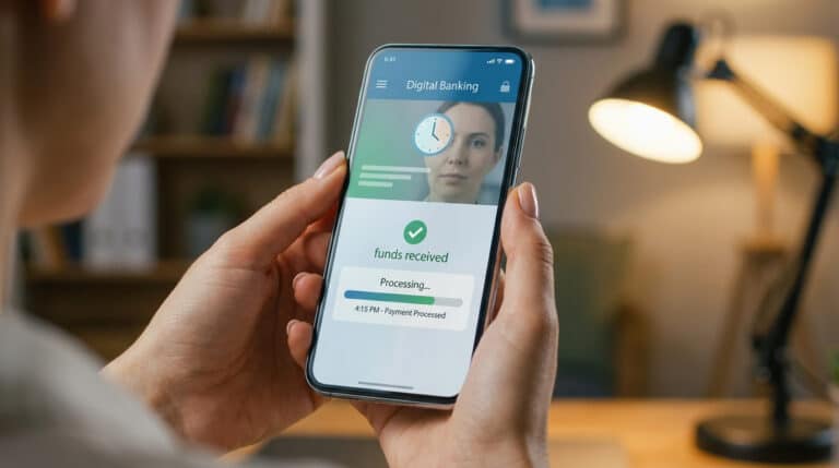 Mains tenant un smartphone affichant l'application de banque numérique. L'écran confirme un virement reçu ('funds received') et le traitement du paiement.