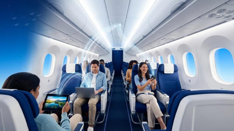 Passagers connectés via Starlink Wi-Fi à bord d'un avion Air France. Lignes lumineuses et satellites symbolisent la haute connectivité.