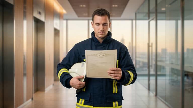 Volunteer firefighter in blue uniform, helmet under arm, reads official 2026 document in a professional office.