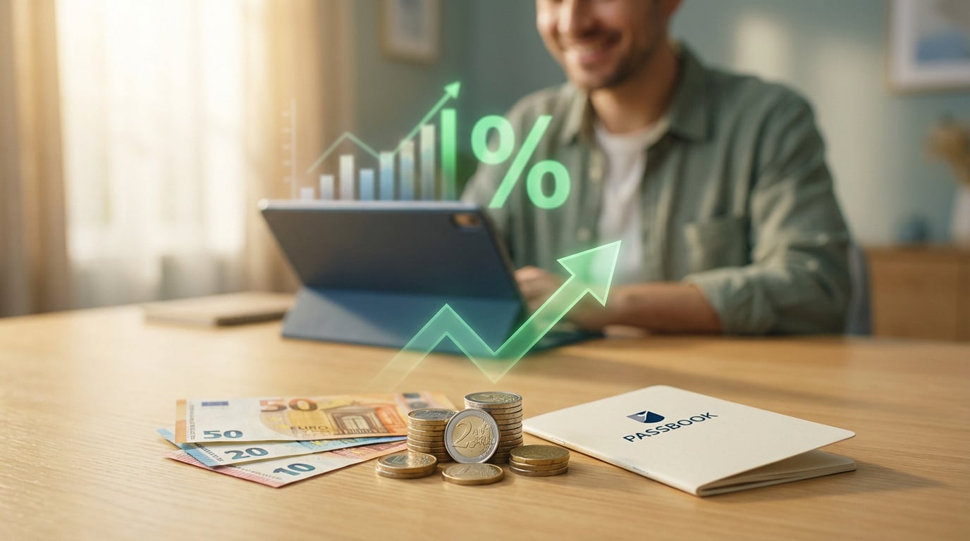 Épargne: billets et pièces d'euros, livret. Graphiques et flèche verte indiquent une hausse de taux. Personne souriante.