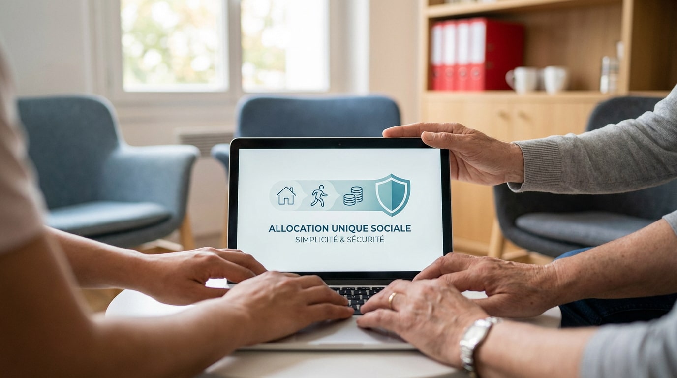 Deux personnes regardent un ordinateur portable affichant "Allocation Unique Sociale" avec icônes de logement, emploi, finances et protection.