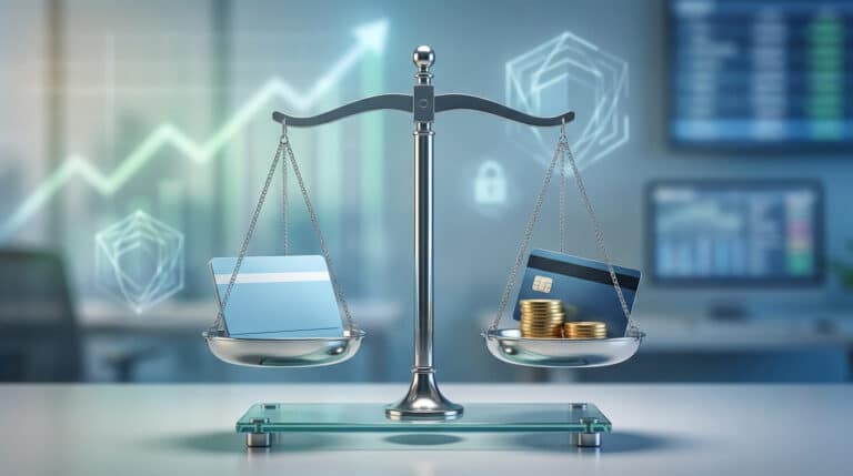 Une balance compare un Livret A (carte bleue claire) à une carte bancaire avec des pièces d'or, symbolisant un compte à terme.