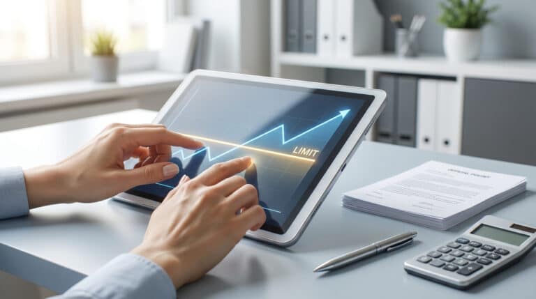 Mains touchant une tablette affichant un graphique financier avec une ligne « LIMIT », près de documents, stylo et calculatrice sur un bureau.