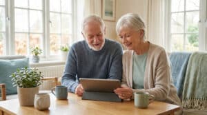 Un couple senior souriant et assis à table, utilise une tablette. Lumière naturelle, plantes vertes et tasses sur la table.