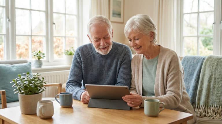 Un couple senior souriant et assis à table, utilise une tablette. Lumière naturelle, plantes vertes et tasses sur la table.