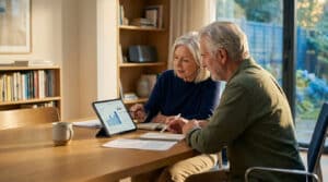 Un couple senior consulte une tablette affichant un graphique et l'année 2026, discutant de planification financière ou de retraite.