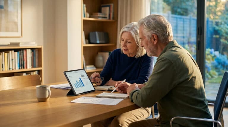 Un couple senior consulte une tablette affichant un graphique et l'année 2026, discutant de planification financière ou de retraite.