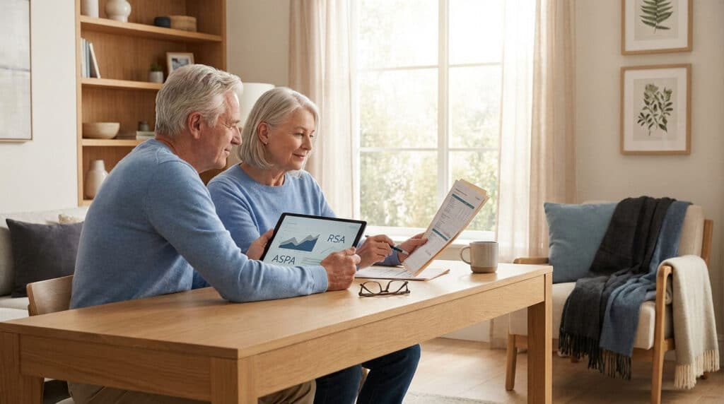 Un couple senior consulte des documents et une tablette affichant RSA et ASPA, analysant leurs droits à la retraite.