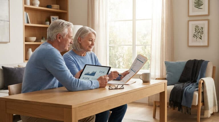 Un couple senior consulte des documents et une tablette affichant RSA et ASPA, analysant leurs droits à la retraite.