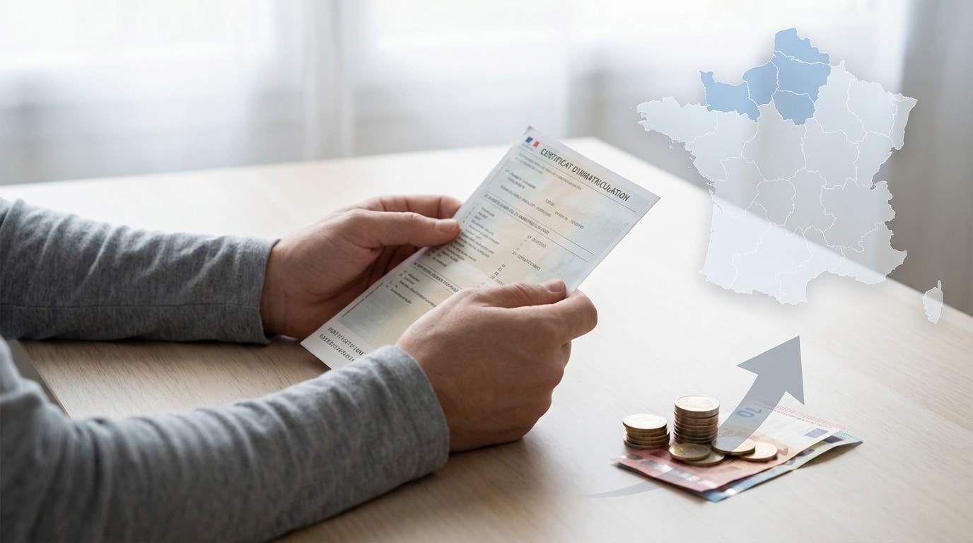 Mains tenant une carte grise, une carte de France avec régions ciblées, des pièces et billets de banque avec une flèche d'augmentation.