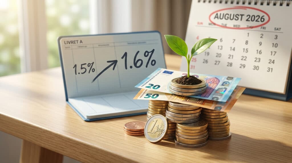 Représentation visuelle de la hausse du taux du Livret A à 1,6% en août 2026, avec livre, calendrier, euros et pousse.