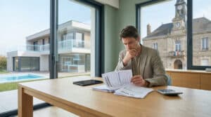 Homme étudiant des avis de taxe foncière, avec une maison moderne numérisée et une mairie en arrière-plan.