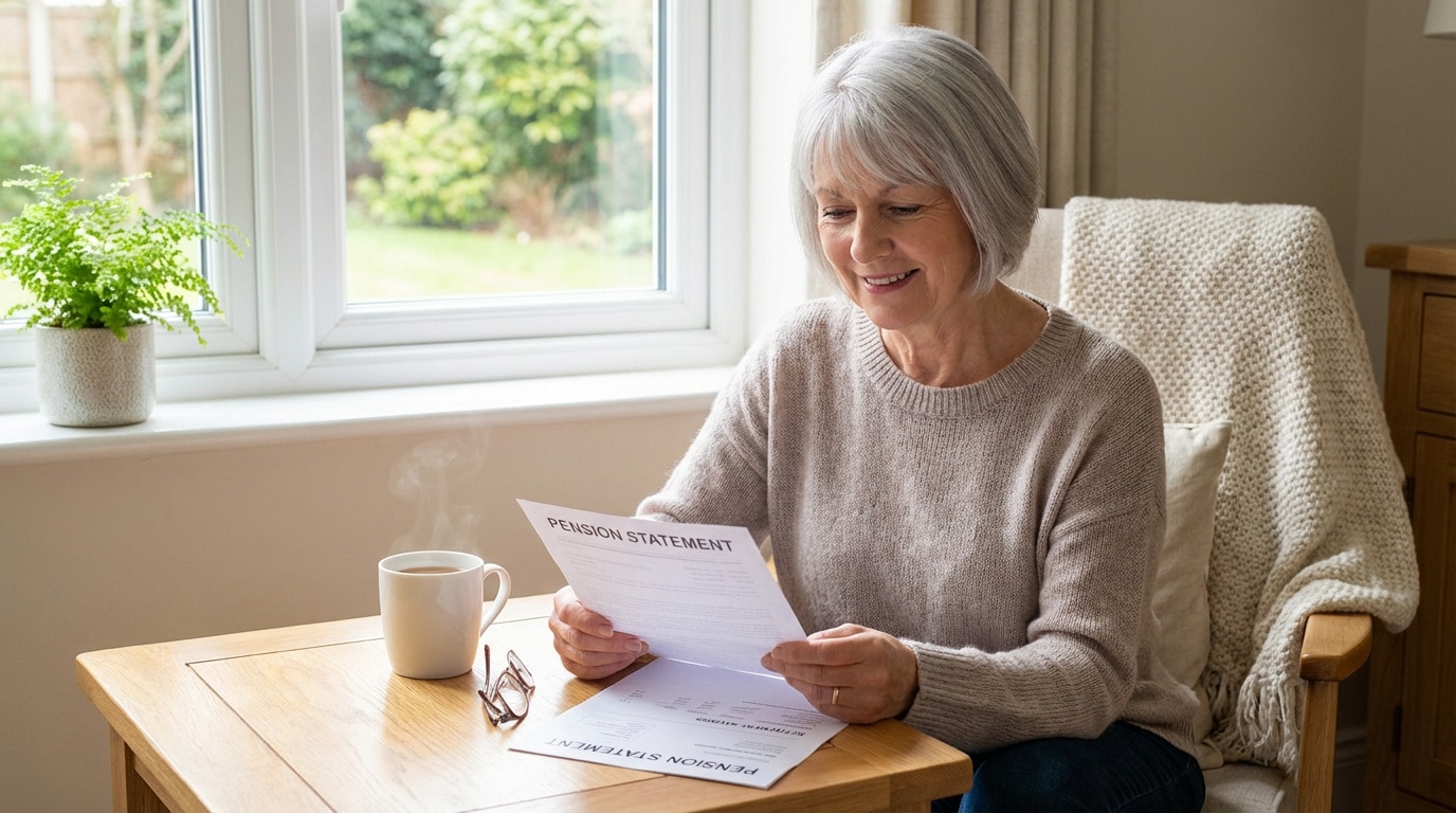 Femme âgée heureuse lisant un relevé de pension de réversion à la maison avec une tasse de café.