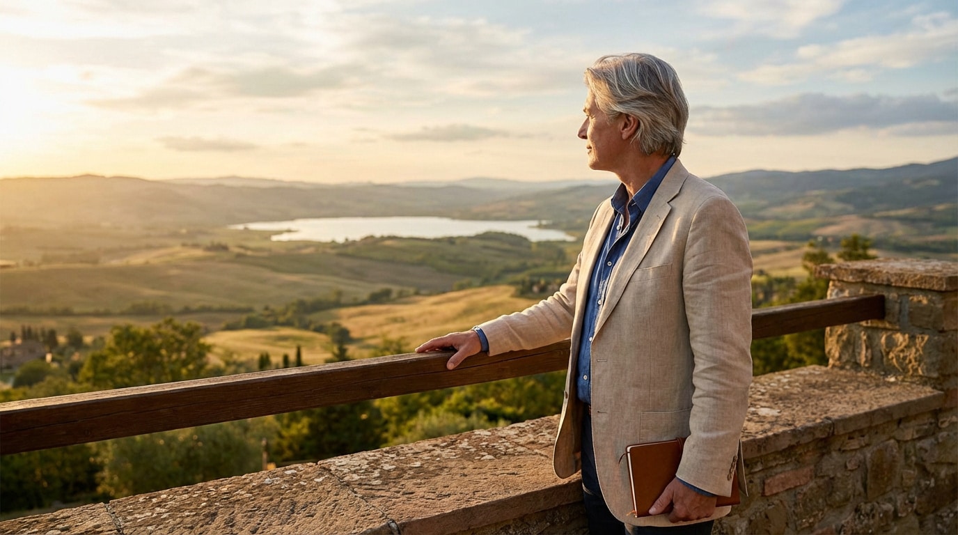 Homme d'âge mûr, carnet en main, contemple un vaste paysage vallonné et un lac au coucher du soleil.