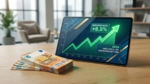 Billets de 50€ et tablette affichant un graphique haussier (+8,5% de rendement assurance vie en 2026). Bureau moderne en arrière-plan.