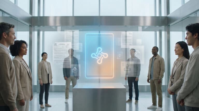 Un groupe diversifié observe une projection holographique d'une tablette et de documents, symbolisant la numérisation des aides sociales dans un espace moderne et lumineux.