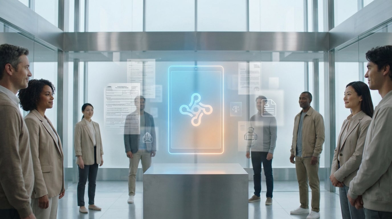 Un groupe diversifié observe une projection holographique d'une tablette et de documents, symbolisant la numérisation des aides sociales dans un espace moderne et lumineux.