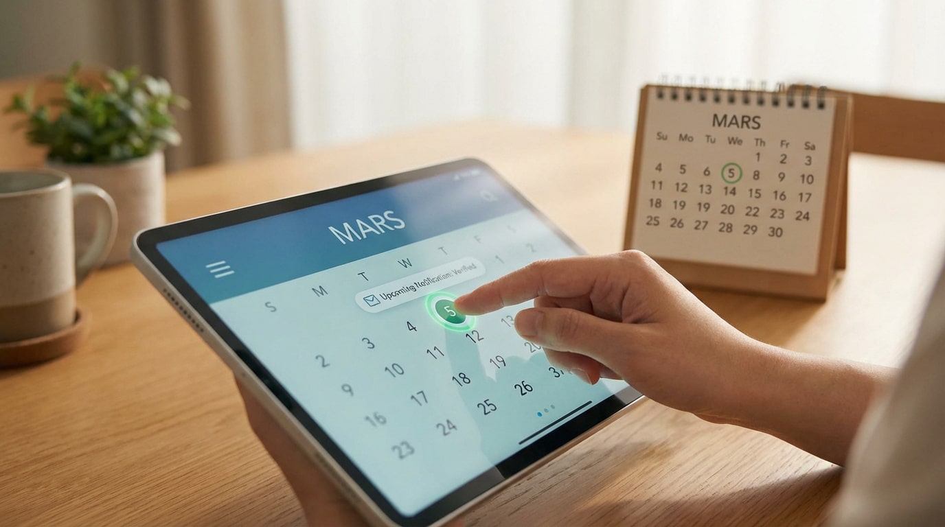Une main vérifie la date du 5 mars sur un calendrier numérique de tablette et un calendrier papier, lié au paiement CAF.