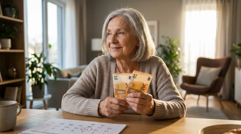 Femme âgée souriante et aux cheveux gris tenant deux billets de 50 euros, assise à une table avec un calendrier.