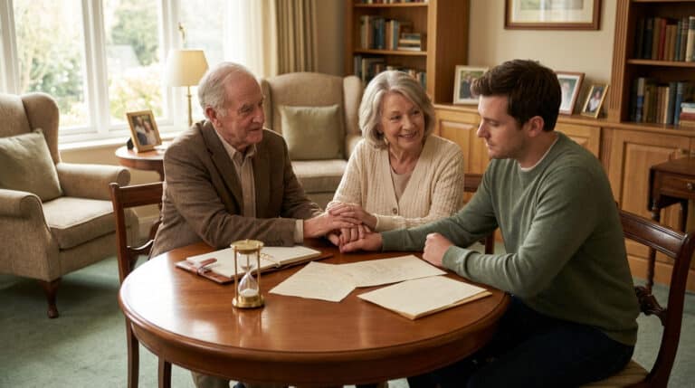 Un couple âgé et un jeune homme autour d'une table avec documents et sablier, discutant de planification successorale.