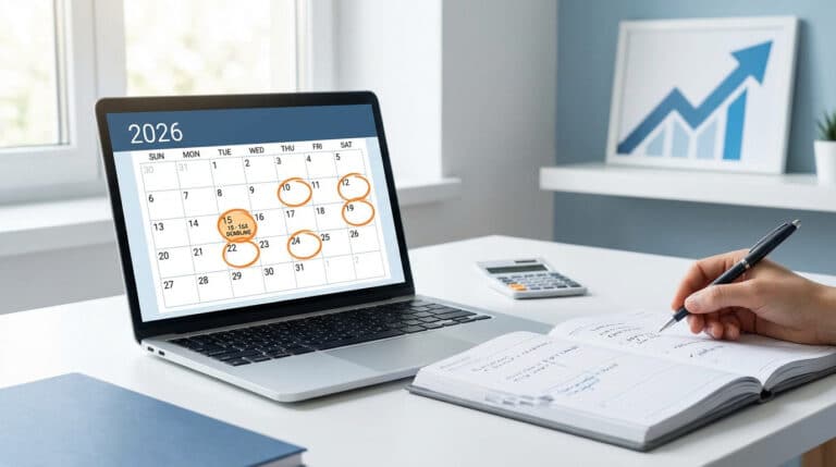 Personne planifiant les impôts 2026 sur un ordinateur affichant un calendrier avec des dates entourées, prenant des notes.