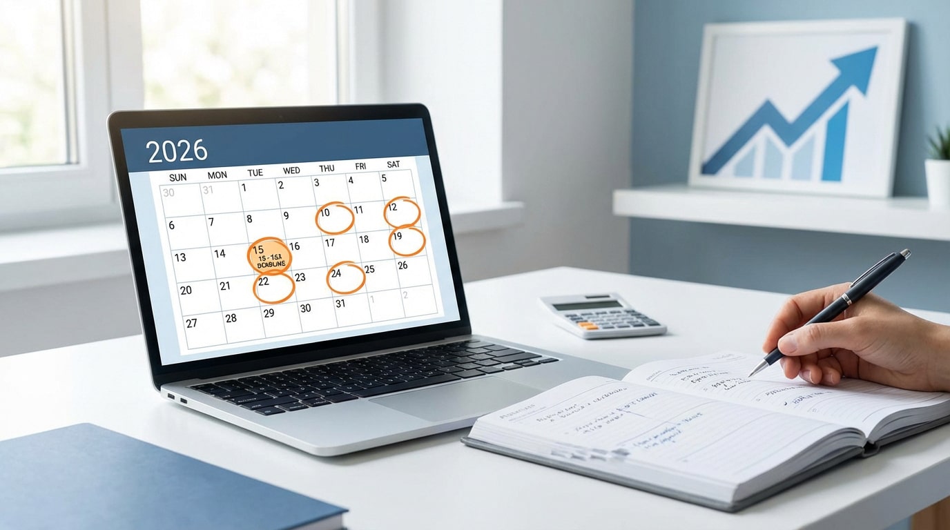 Personne planifiant les impôts 2026 sur un ordinateur affichant un calendrier avec des dates entourées, prenant des notes.