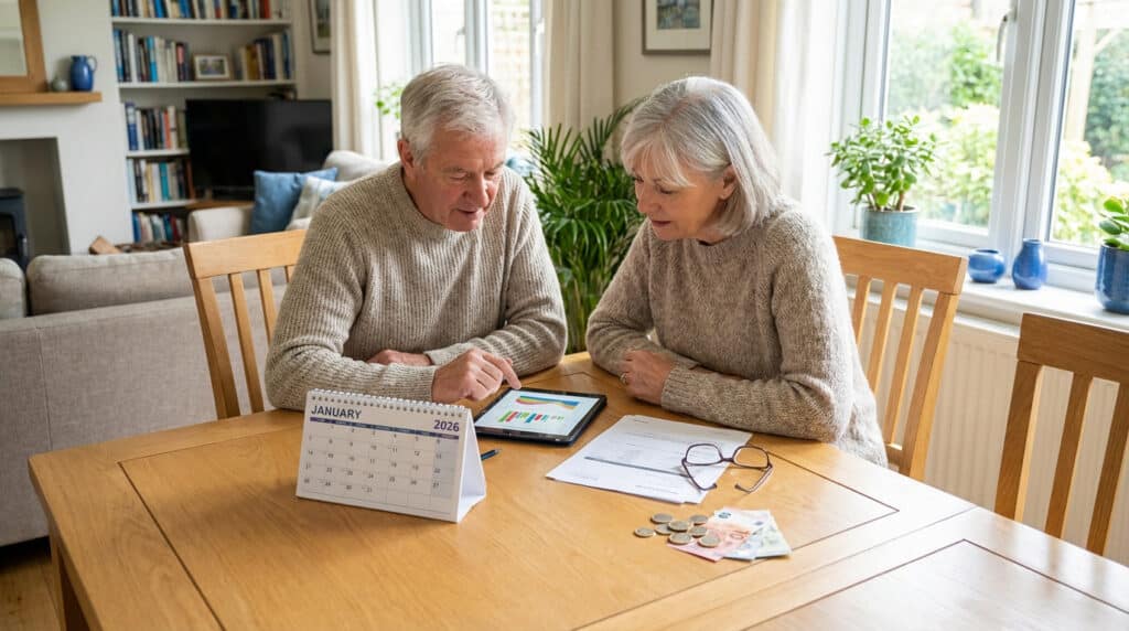 Un couple senior, assis à une table en bois dans leur salon, analyse des finances sur une tablette avec un calendrier 2026 et de l'argent.