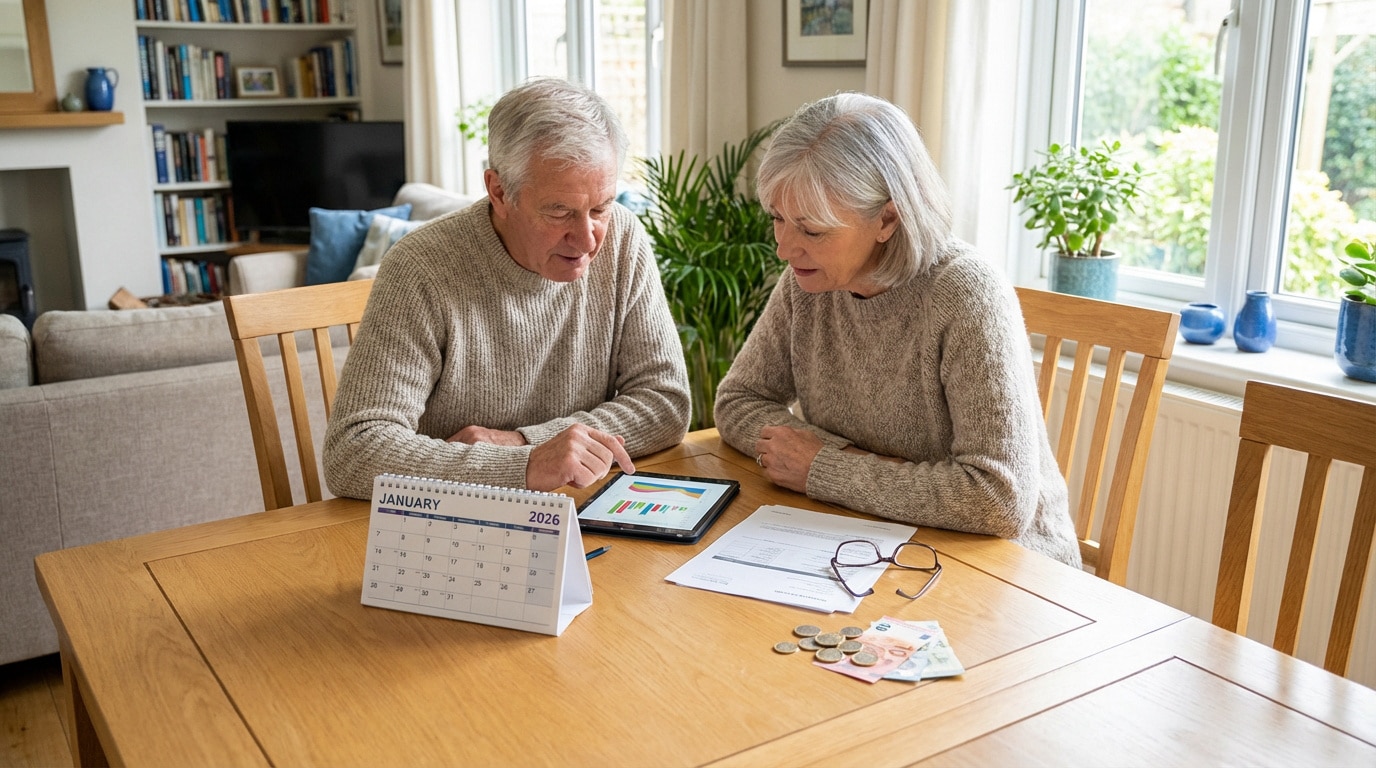 Un couple senior, assis à une table en bois dans leur salon, analyse des finances sur une tablette avec un calendrier 2026 et de l'argent.