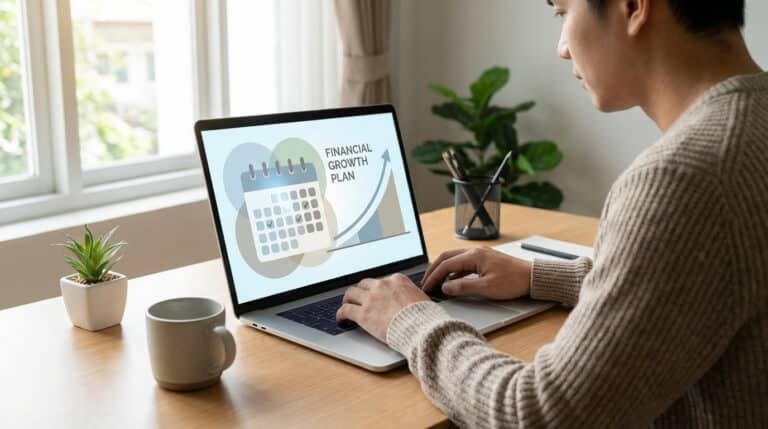 Une personne gère son plan financier sur un ordinateur portable, avec un calendrier fiscal visible à l'écran.