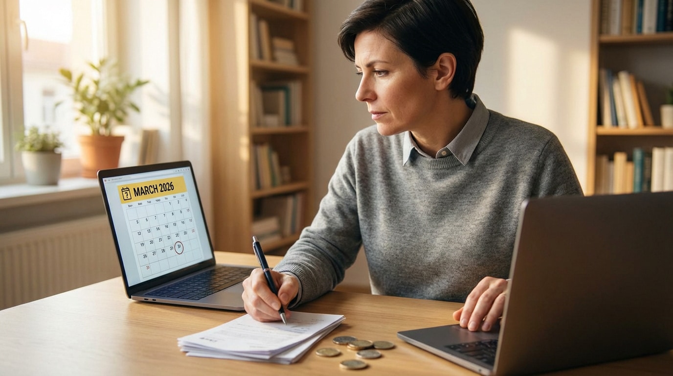 Femme réfléchissant devant son ordinateur, un calendrier affiche Mars 2026. Elle prend des notes, des pièces de monnaie à côté.