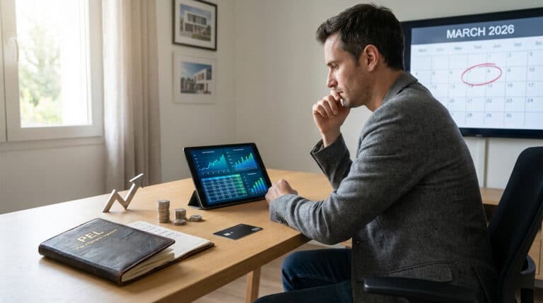 Homme pensif devant des graphiques financiers, son carnet PEL, des pièces et un calendrier mars 2026 avec une date cerclée.