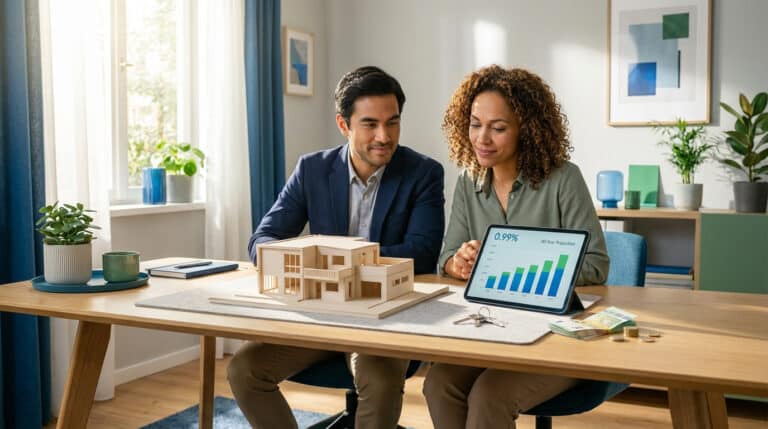 Un couple à table consulte une tablette affichant un graphique financier, à côté d'une maquette de maison, de clés et d'argent.