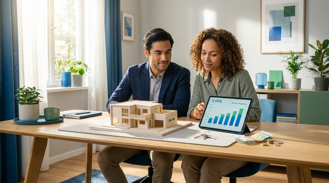 Un couple à table consulte une tablette affichant un graphique financier, à côté d'une maquette de maison, de clés et d'argent.