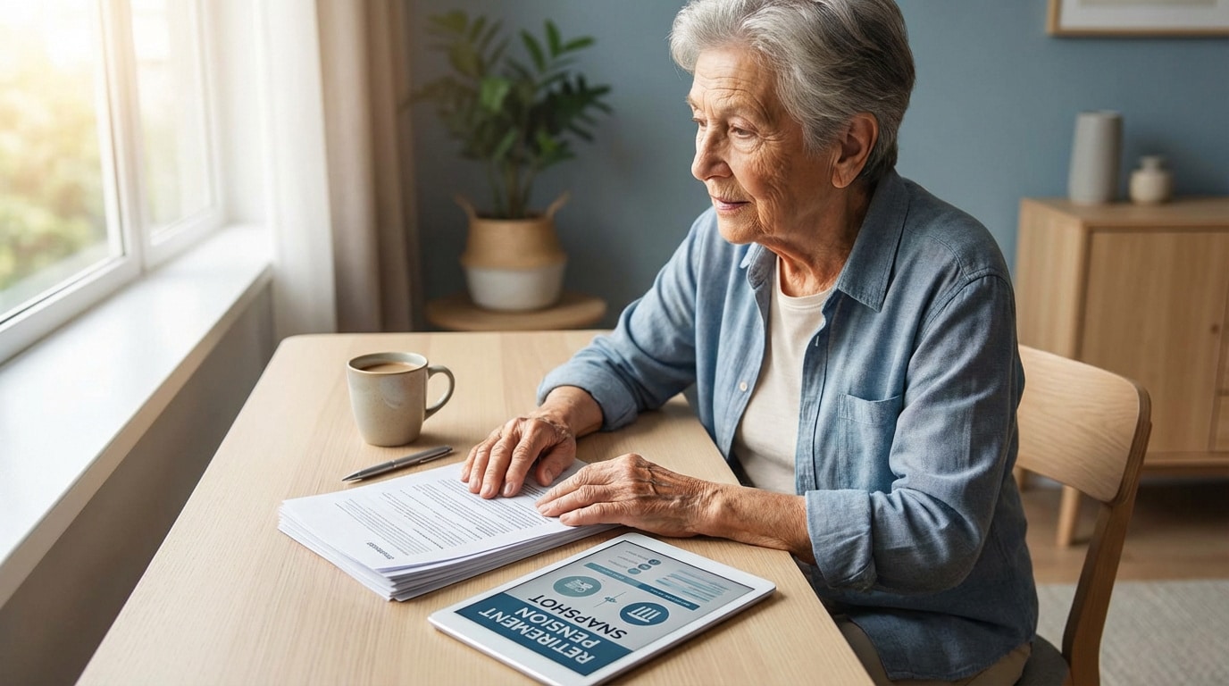 Femme âgée aux cheveux gris assise à table, consultant des papiers et une tablette avec "RETIREMENT PENSION SNAPSHOT".