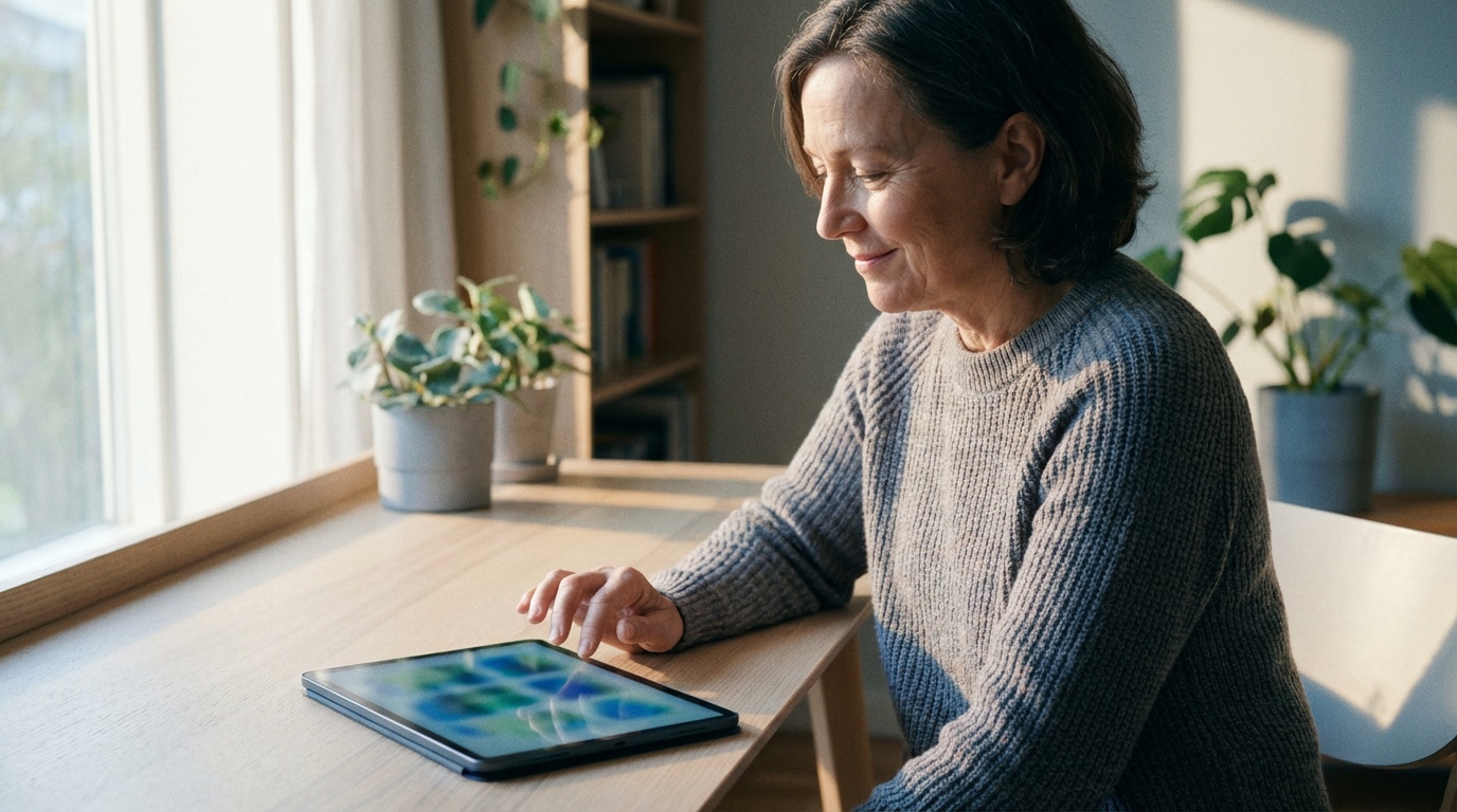 Femme souriante d'âge mûr en pull gris utilisant une tablette sur une table en bois près d'une fenêtre lumineuse.