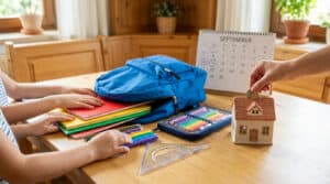 Une table avec des fournitures scolaires (sac à dos, cahiers, crayons). Une main met de l'argent dans une tirelire, un calendrier septembre est visible.