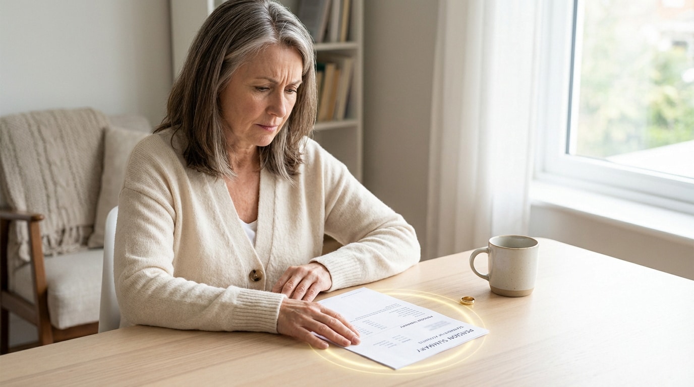 Femme âgée préoccupée examinant un document "PENSION SUMMARY" sur une table en bois avec tasse et alliance.