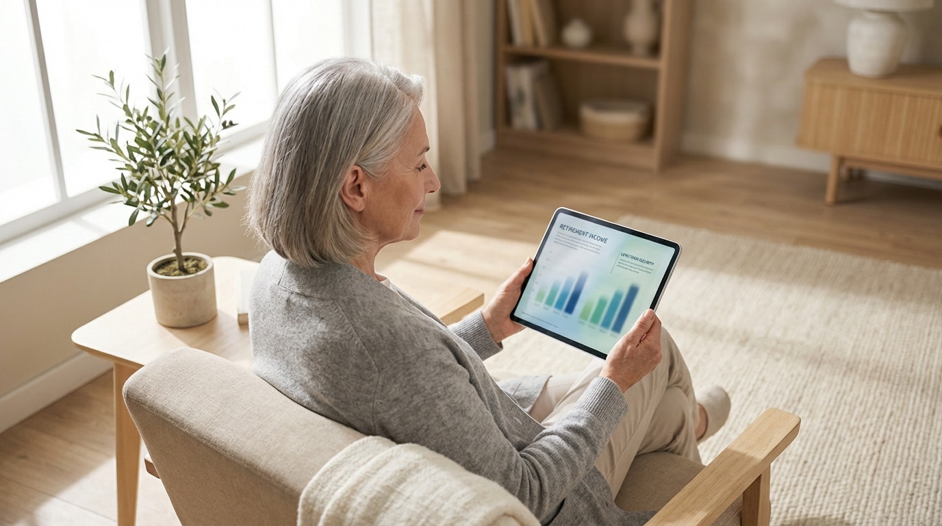 Femme âgée consulte sa tablette affichant des graphiques de revenus de retraite. Elle est assise dans un salon lumineux.