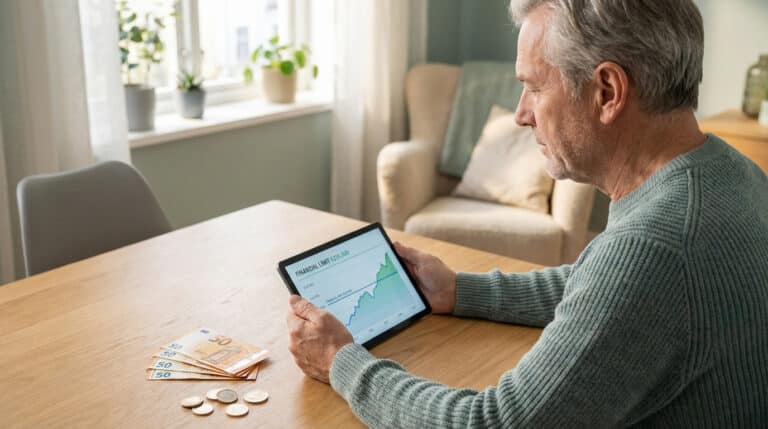 Homme âgé consultant un graphique financier sur tablette, avec des billets et pièces d'euros sur une table. Préparation retraite.