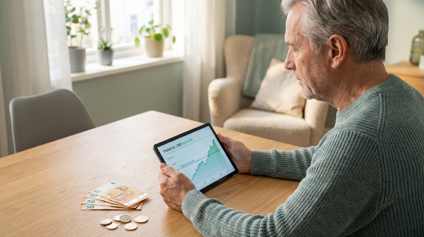 Homme âgé consultant un graphique financier sur tablette, avec des billets et pièces d'euros sur une table. Préparation retraite.