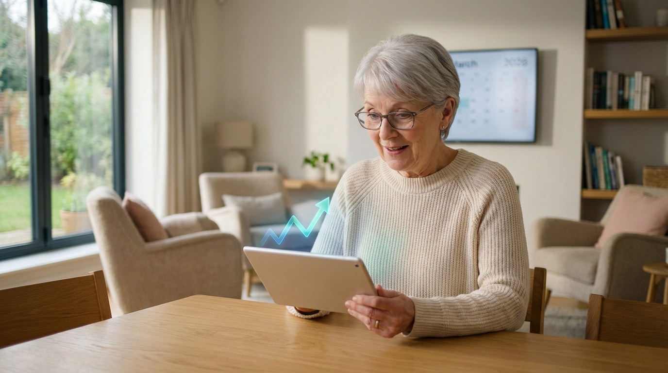 Une femme âgée souriante regarde sa tablette affichant une flèche de croissance, avec un calendrier "Mars 2026" en fond.