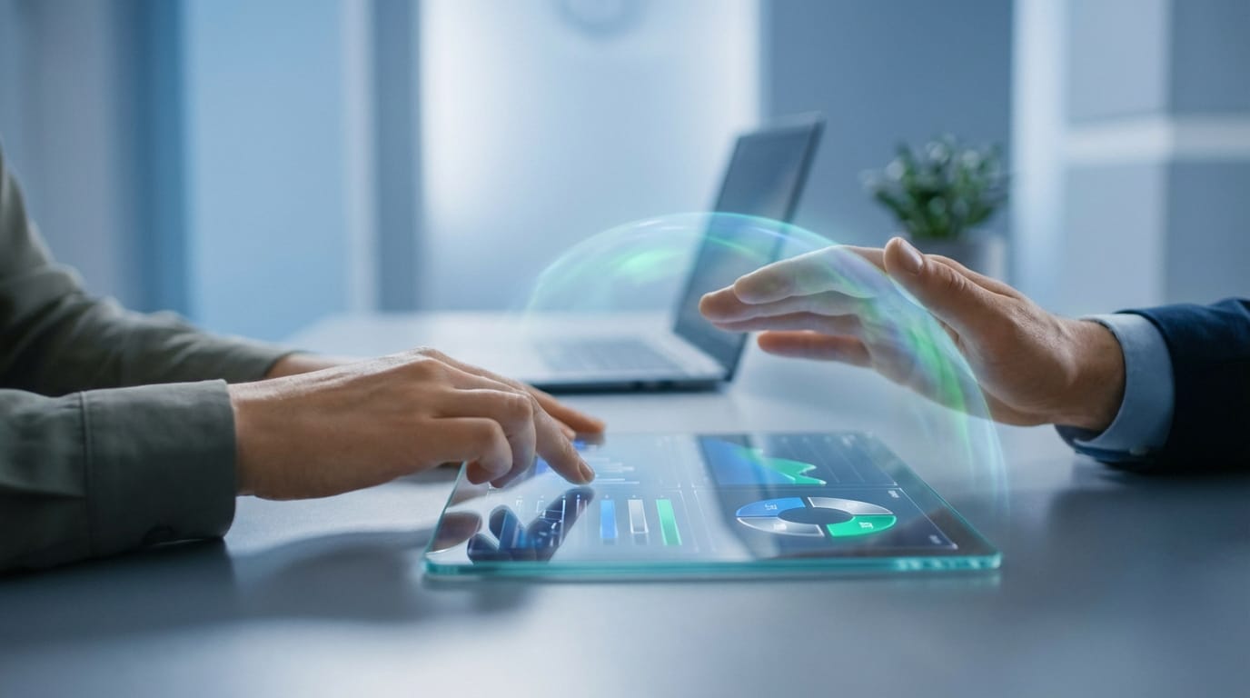 Deux paires de mains interagissent avec une tablette transparente affichant des graphiques financiers, symbolisant l'analyse de données.